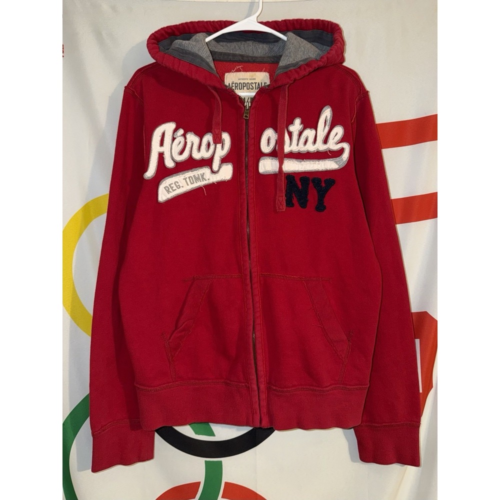 Vintage Y2K Aeropostale Hoodie Mens Medium Red NY Embroidered Full Zip